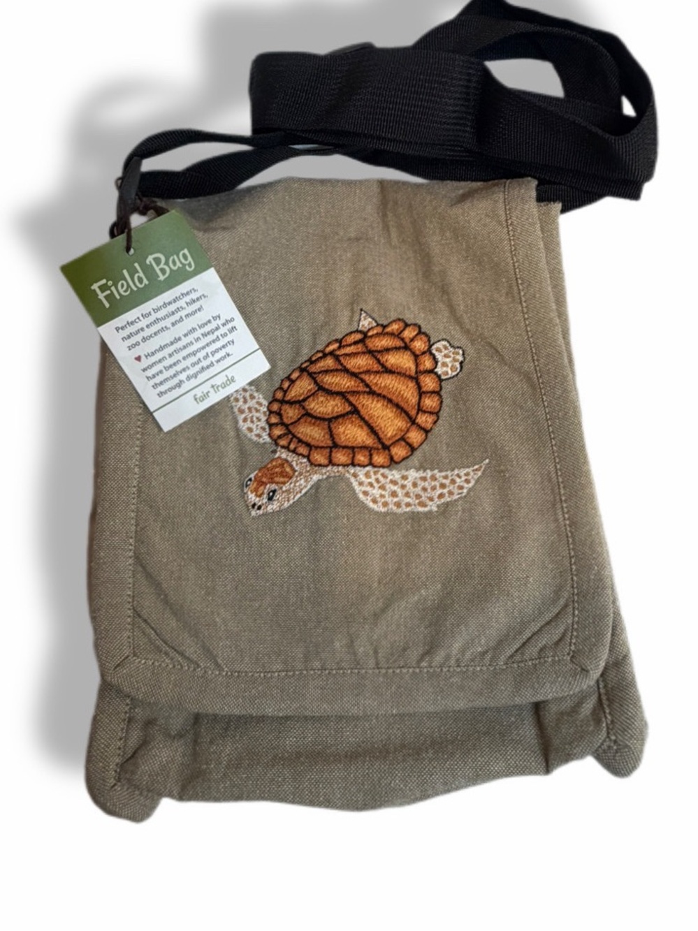 Fair Trade Sea Turtle Crossbody Field Bag Embroidered Turtle Canvas Bag NWT